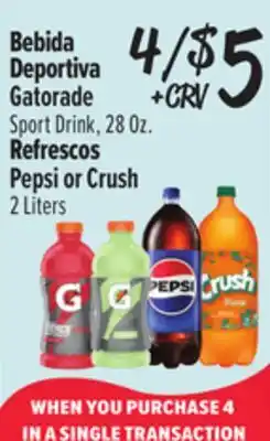 El Super Gatorade Sport Drink, 28 Oz., Pepsi or Crush 2 Liters offer