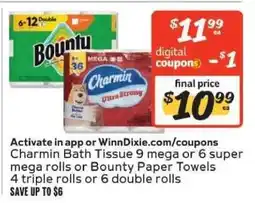 Winn Dixie Charmin Bath Tissue or Bounty Paper Towels offer