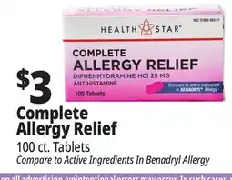 Ocean State Job Lot Health Star 25 mg Complete Allergy Relief 100 Tablets offer