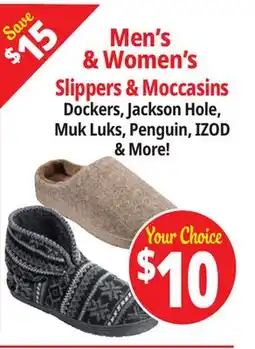 Ocean State Job Lot Men's & Women's Slippers & Moccasins Dockers, Jackson Hole, Muk Luks, Penguin, IZOD & More! offer