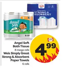 Weis Markets Angel Soft Bath Tissue 8 mega rolls Weis Simply Great Strong & Absorbent Paper Towels 6 rolls offer