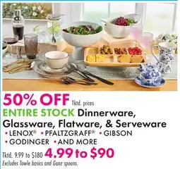 Boscov's ENTIRE STOCK Dinnerware, Glassware, Flatware, & Serveware offer