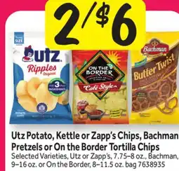 Stop&Shop Utz Potato, Kettle or Zapp's Chips, Bachman Pretzels or On the Border Tortilla Chips offer