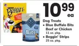 ACME Dog Treats Blue Buffalo Bits Beef or Chicken 11 oz. pkg., Beggin' Strips 25 oz. pkg offer