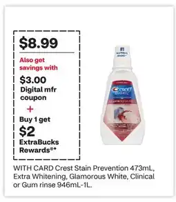 CVS Crest Stain Prevention 473mL, Extra Whitening, Glamorous White, Clinical or Gum rinse 946mL-1L offer