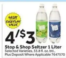 Stop&Shop Stop & Shop Seltzer 1 Liter offer