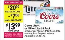 Stop&Shop Coors Light or Miller Lite 18 Pack offer