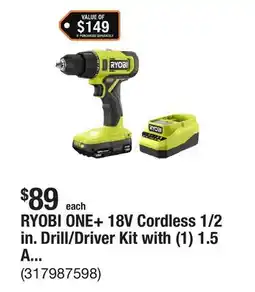 The Home Depot RYOBI ONE+ 18V Cordless 1/2 in. Drill/Driver Kit with (1) 1.5 Ah Battery and Charger offer
