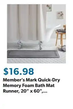 Sam's Club Member's Mark Quick-Dry Memory Foam Bath Mat Runner, 20 x 60, Assorted Colors offer