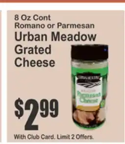Food Universe 8 Oz Cont Romano or Parmesan Urban Meadow Grated Cheese offer