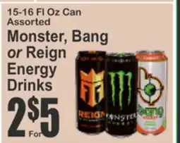 Food Universe 15-16 FL Oz Can Assorted Monster, Bang or Reign Energy Drinks offer