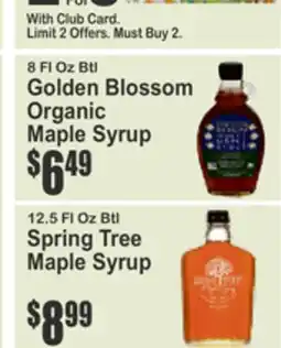 Food Universe 8 Fl Oz Btl Golden Blossom Organic Maple Syrup, 12.5 Fl Oz Btl Spring Tree Maple Syrup offer