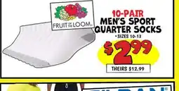 Ollie's 10-PAIR MEN'S SPORT FRUIT LOOM. QUARTER SOCKS offer