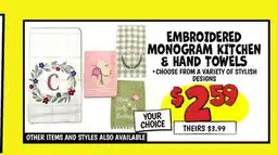 Ollie's EMBROIDERED MONOGRAM KITCHEN E HAND TOWELS offer