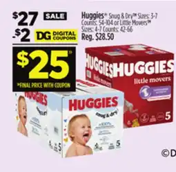 Dollar General Huggies Snug & Dry Sizes 3-7 Counts, 54-104 or Little Movers Sizes 4-7 Counts, 42-66 offer