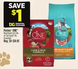 Dollar General Purina ONE Dog Food 2.8-3 lb. or Cat Food 7 lb offer