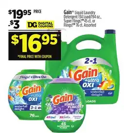 Dollar General Gain Liquid Laundry Detergent 134 Load/194 oz., Super Flings! 45 ct. or Flings! 76 ct. Assorted offer
