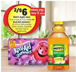 Meijer Mott's Apple Juice 64 oz. or 8 pk./6.75 oz. bottles or Kool-Aid Jammers* 10 ct./6 oz. drink pouches offer