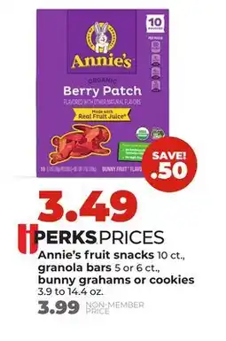 Hy-Vee Annie's fruit snacks 10 ct., granola bars 5 or 6 ct., bunny grahams or cookies 3.9 to 14.4 oz offer