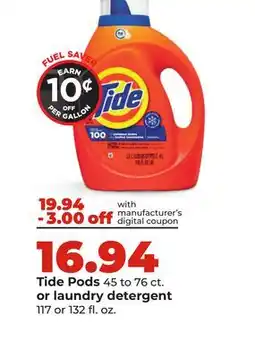 Hy-Vee Tide Pods 45 to 76 ct. or laundry detergent 117 or 132 fl. oz offer
