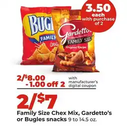 Hy-Vee Family Size Chex Mix, Gardetto's or Bugles snacks offer