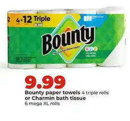 Hy-Vee Bounty paper towels 4 triple rolls or Charmin bath tissue 6 mega XL rolls offer