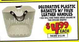 Ollie's DECORATIVE PLASTIC BASKETS WI FAUX LEATHER HANDLES offer