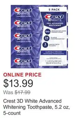 Costco Crest 3D White Advanced Whitening Toothpaste, 5.2 oz, 5-count offer