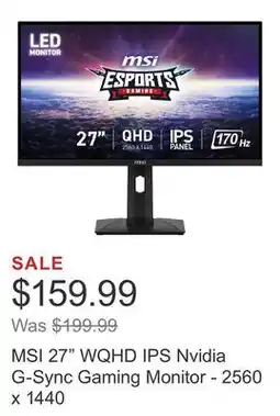 Costco MSI 27 WQHD IPS Nvidia G-Sync Gaming Monitor - 2560 x 1440 offer