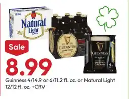 Stater Bros Guinness 4/14.9 or 6/11.2 fl. oz. or Natural Light 12/12 fl. oz offer