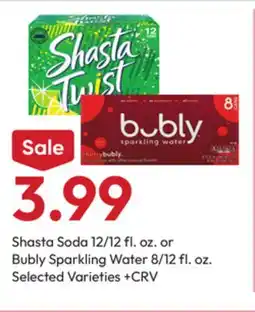 Stater Bros Shasta Soda 12/12 fl. oz. or Bubly Sparkling Water 8/12 fl. oz offer