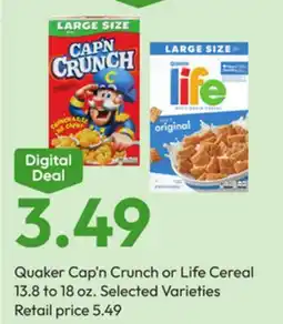 Stater Bros Quaker Cap'n Crunch or Life Cereal offer