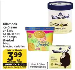 Albertsons Tillamook Ice Cream or Bars 1.5 qt. or 4 ct. or Kemps Sherbet 54 oz offer