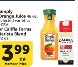 Albertsons Simply Orange Juice 46 oz. Selected varieties + CRV or Califia Farms Barista Blend 32 oz offer