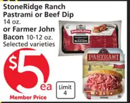 Vons StoneRidge Ranch Pastrami or Beef Dip 14 oz. or Farmer John Bacon 10-12 oz offer