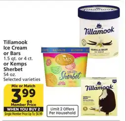 Vons Tillamook Ice Cream or Bars 1.5 qt. or 4 ct. or Kemps Sherbet 54 oz offer