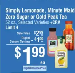 Smart & Final Simply Lemonade, Minute Maid Zero Sugar or Gold Peak Tea offer