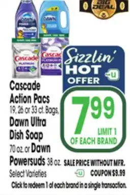 Jewel-Osco Cascade Action Pacs 19, 26 or 33 ct. Bags, Dawn Ultra Dish Soap 70 oz or Dawn Powersuds 38 oz offer
