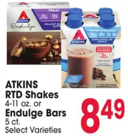 Jewel-Osco ATKINS RTD Shakes 4-11 oz. or Endulge Bars 5 ct offer