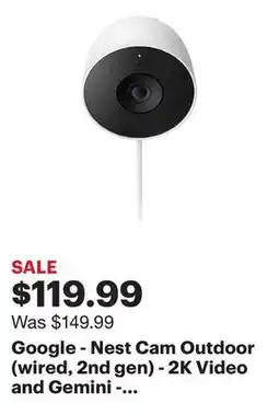Best Buy Google - Nest Cam Outdoor (wired, 2nd gen) - 2K Video and Gemini - 1-Pack - Snow offer