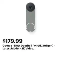 Best Buy Google - Nest Doorbell (wired, 3rd gen) - Latest Model - 2K Video and Gemini - Hazel offer