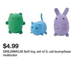 Ikea GREJSIMOJS Soft toy, set of 3, cat bunny/bear multicolor offer