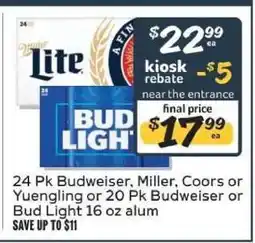 Winn Dixie 24 Pk Budweiser, Miller, Coors or Yuengling or 20 Pk Budweiser or Bud Light 16 oz alum offer