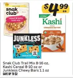 Winn Dixie Snak Club Trail Mix, Kashi Cereal, Junkless Chewy Bars offer