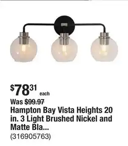 The Home Depot Hampton Bay Vista Heights 20 in. 3 Light Brushed Nickel and Matte Black Bathroom Vanity Light offer