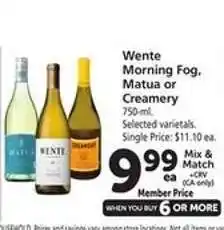 Safeway Wente Morning Fog, Matua or Creamery offer
