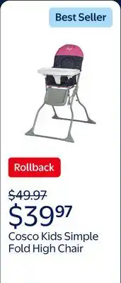 Walmart Cosco Kids Simple Fold High Chair, Pink offer