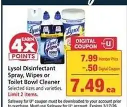 Safeway Lysol Disinfectant Spray, Wipes or Toilet Bowl Cleaner offer