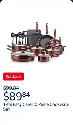Walmart T-fal Easy Care, 20 Piece Non-Stick Pots and Pans Cookware Set, Red offer