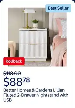 Walmart Better Homes & Gardens Lillian Fluted 2-Drawer Nightstand with USB, White Finish offer